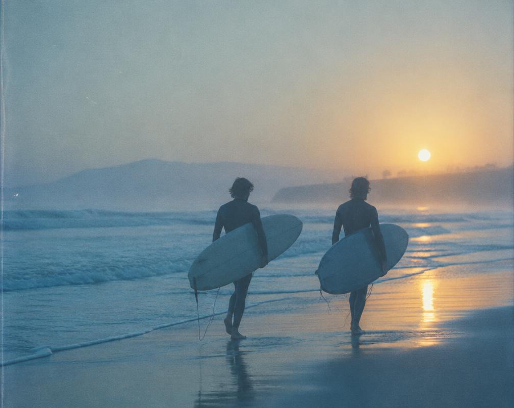 Two surfers carrying boards along the shore at sunset